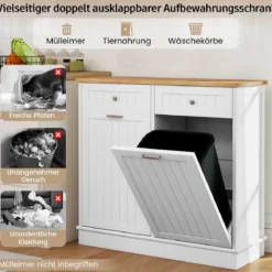 Kommode für Mülleimer mit 2 Türen & Schneidebrett & Holz-Arbeitplatte & 2 Schubladen Weiß