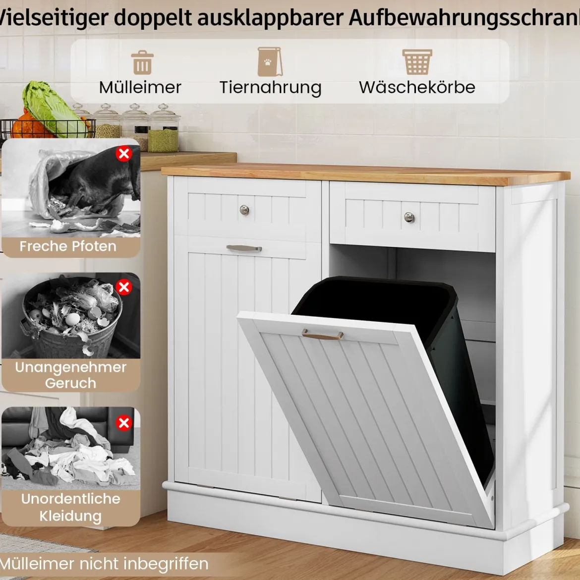 Kommode für Mülleimer mit 2 Türen & Schneidebrett & Holz-Arbeitplatte & 2 Schubladen Weiß