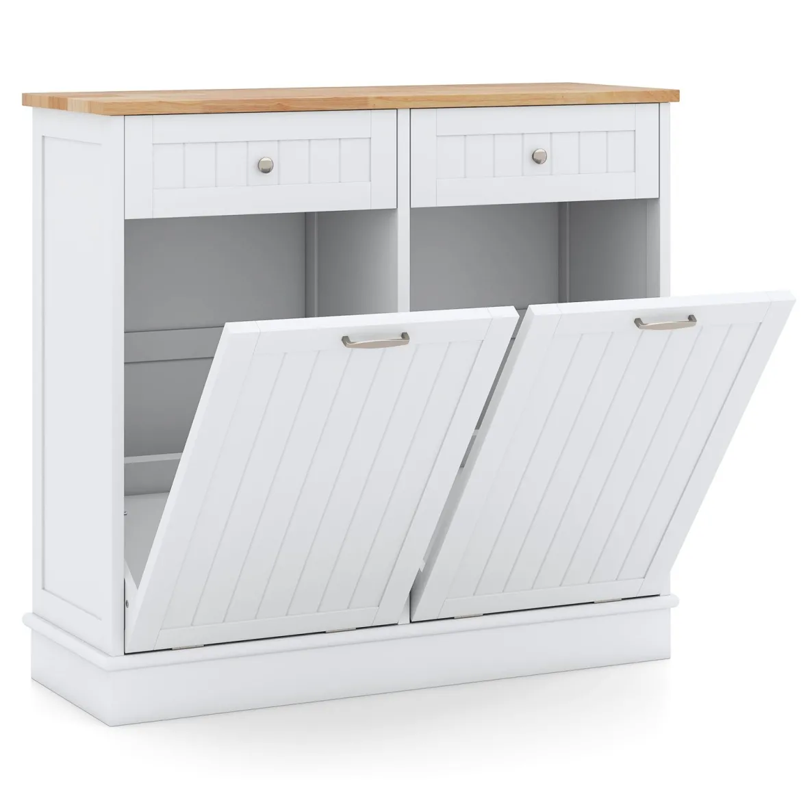 Kommode für Mülleimer mit 2 Türen & Schneidebrett & Holz-Arbeitplatte & 2 Schubladen Weiß