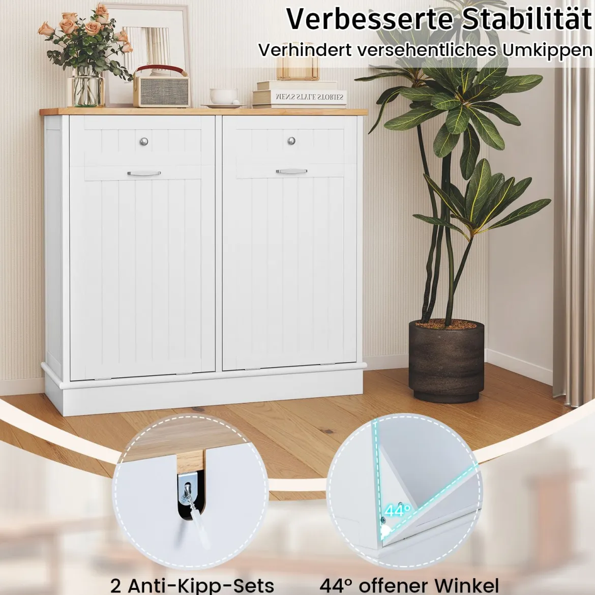 Kommode für Mülleimer mit 2 Türen & Schneidebrett & Holz-Arbeitplatte & 2 Schubladen Weiß