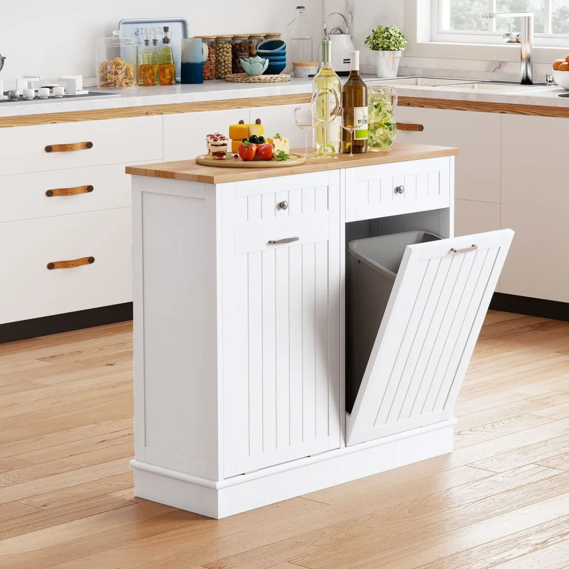 Kommode für Mülleimer mit 2 Türen & Schneidebrett & Holz-Arbeitplatte & 2 Schubladen Weiß