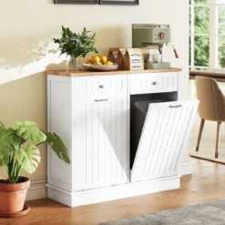 Kommode für Mülleimer mit 2 Türen & Schneidebrett & Holz-Arbeitplatte & 2 Schubladen Weiß