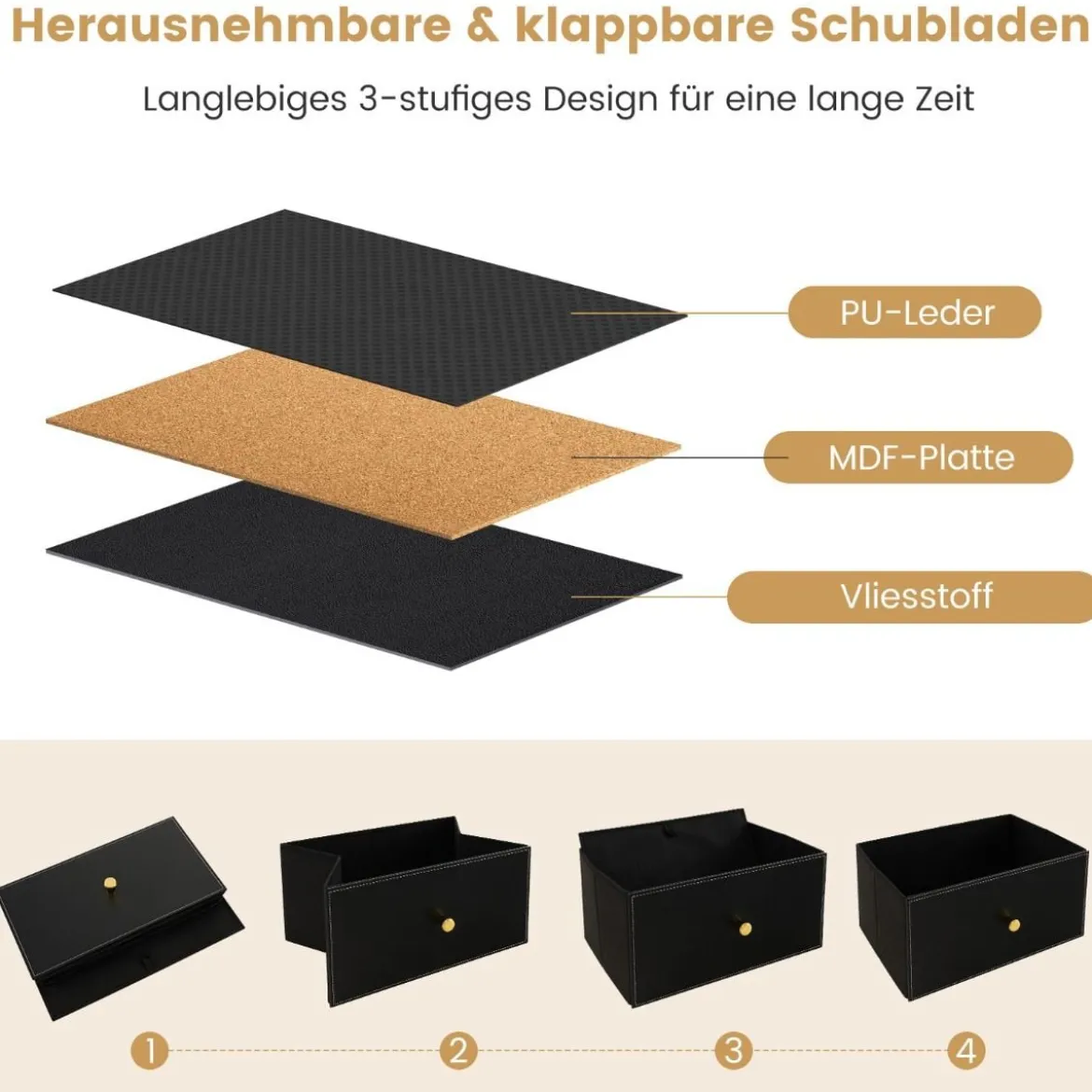 Kommode für Schlafzimmer mit 8 Schubladen hohe Stoffkommodemit Metallrahmen 89 x 30 x 98 cm Schwarz