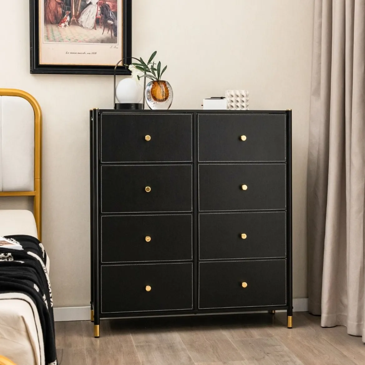 Kommode für Schlafzimmer mit 8 Schubladen hohe Stoffkommodemit Metallrahmen 89 x 30 x 98 cm Schwarz