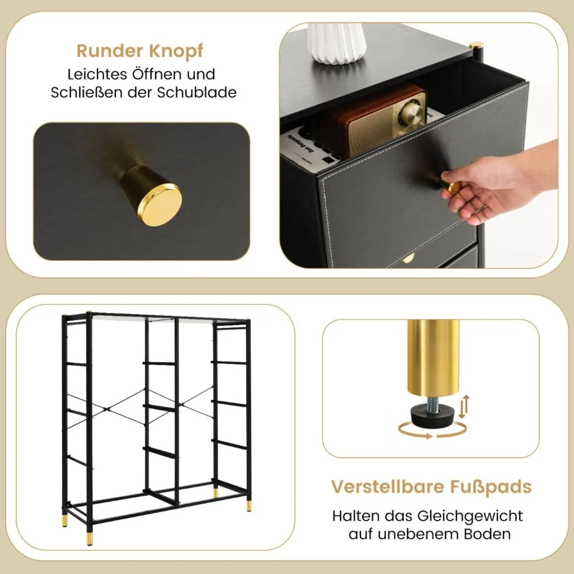 Kommode für Schlafzimmer mit 8 Schubladen hohe Stoffkommodemit Metallrahmen 89 x 30 x 98 cm Schwarz