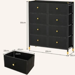 Kommode für Schlafzimmer mit 8 Schubladen hohe Stoffkommodemit Metallrahmen 89 x 30 x 98 cm Schwarz