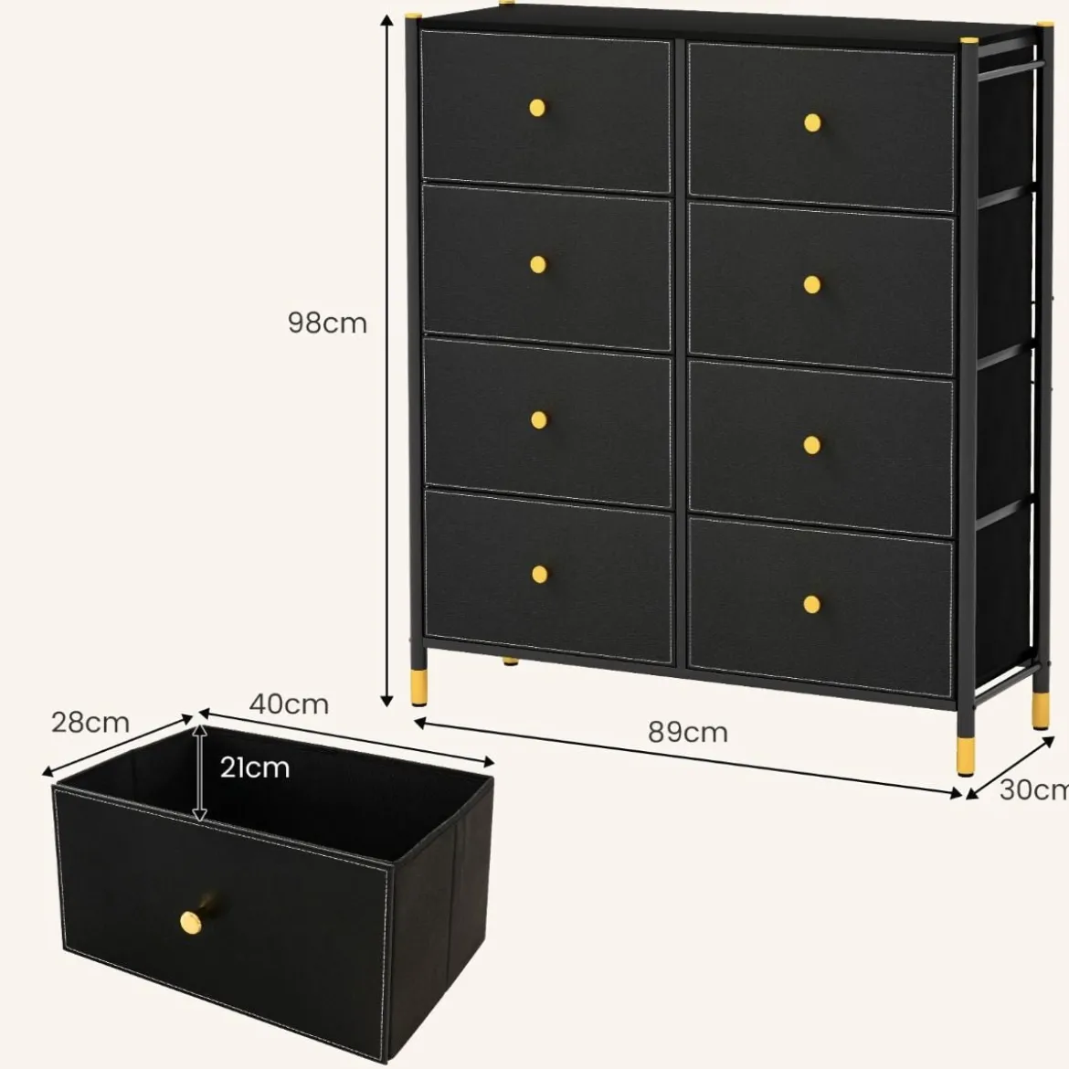 Kommode für Schlafzimmer mit 8 Schubladen hohe Stoffkommodemit Metallrahmen 89 x 30 x 98 cm Schwarz