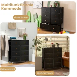 Kommode für Schlafzimmer mit 8 Schubladen hohe Stoffkommodemit Metallrahmen 89 x 30 x 98 cm Schwarz