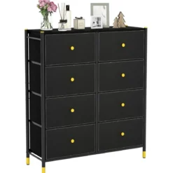 Kommode für Schlafzimmer mit 8 Schubladen hohe Stoffkommodemit Metallrahmen 89 x 30 x 98 cm Schwarz