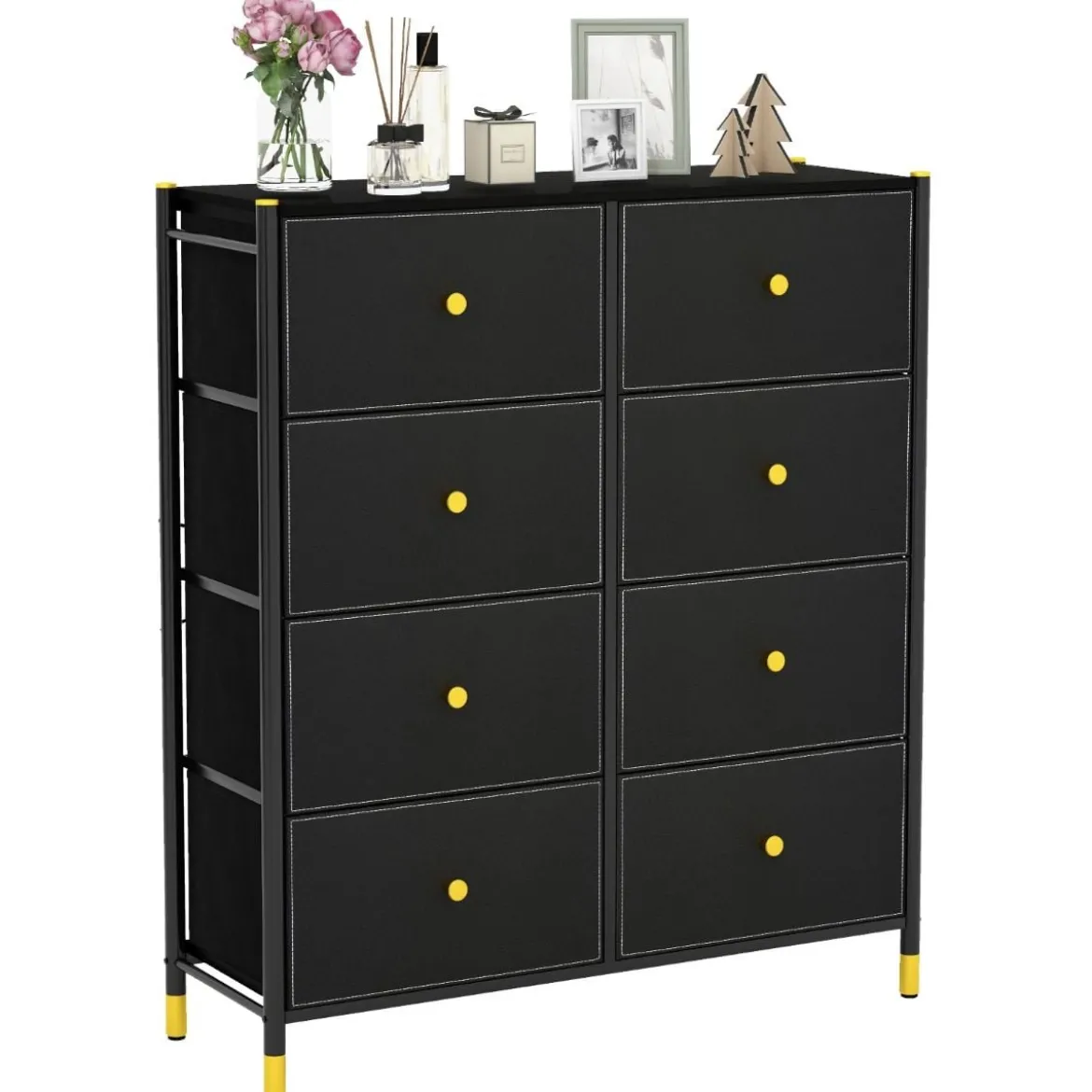 Kommode für Schlafzimmer mit 8 Schubladen hohe Stoffkommodemit Metallrahmen 89 x 30 x 98 cm Schwarz