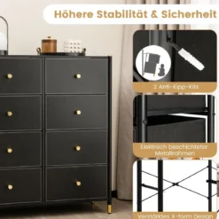 Kommode für Schlafzimmer mit 8 Schubladen hohe Stoffkommodemit Metallrahmen 89 x 30 x 98 cm Schwarz