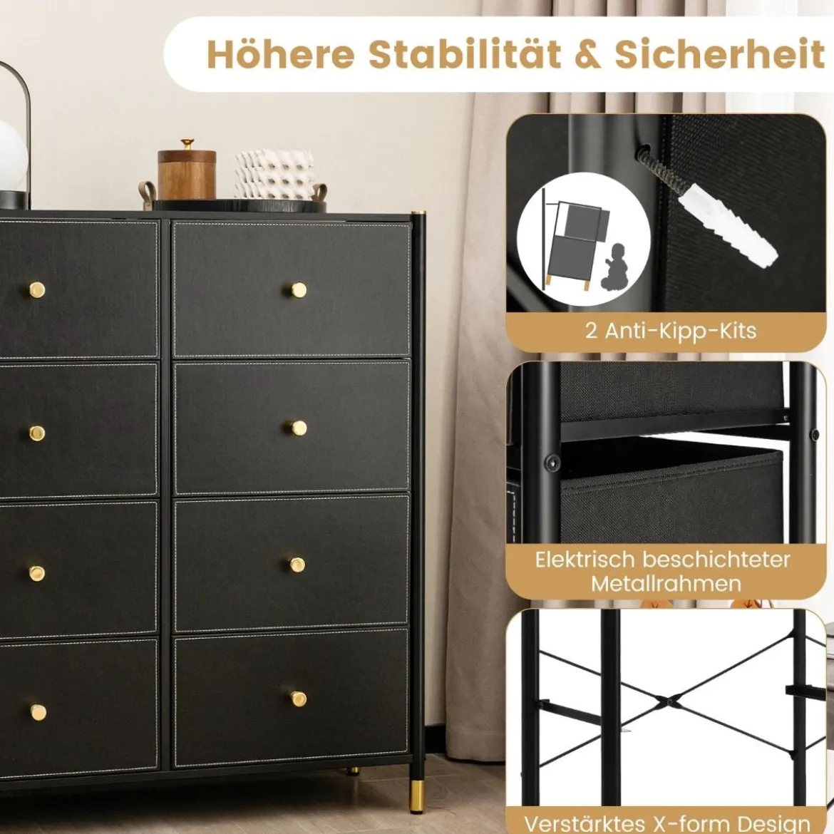 Kommode für Schlafzimmer mit 8 Schubladen hohe Stoffkommodemit Metallrahmen 89 x 30 x 98 cm Schwarz