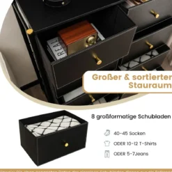 Kommode für Schlafzimmer mit 8 Schubladen hohe Stoffkommodemit Metallrahmen 89 x 30 x 98 cm Schwarz