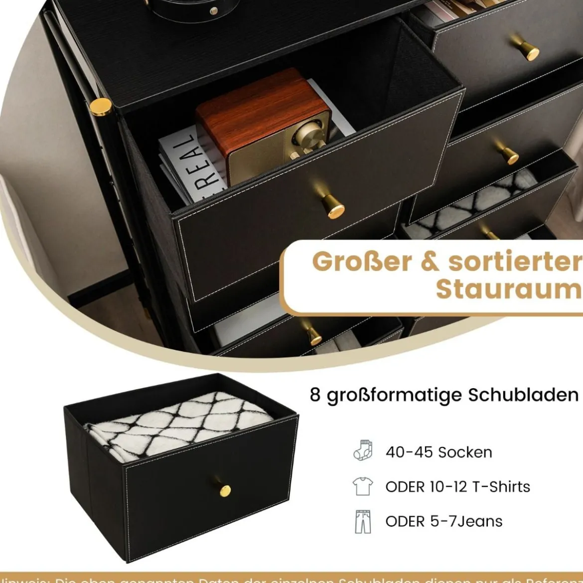 Kommode für Schlafzimmer mit 8 Schubladen hohe Stoffkommodemit Metallrahmen 89 x 30 x 98 cm Schwarz