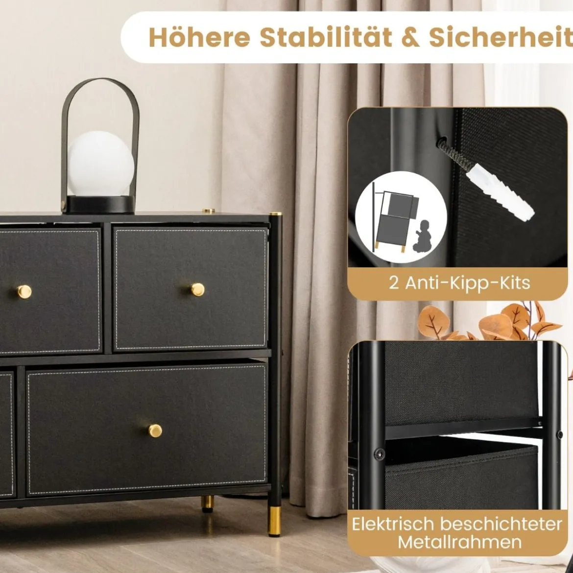 Kommode für Schlafzimmer mit 5 Schubladen breite Stoffkommode mit Metallrahmen 100 x 30 x 58,5 cm Schwarz