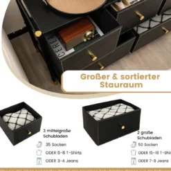 Kommode für Schlafzimmer mit 5 Schubladen breite Stoffkommode mit Metallrahmen 100 x 30 x 58,5 cm Schwarz