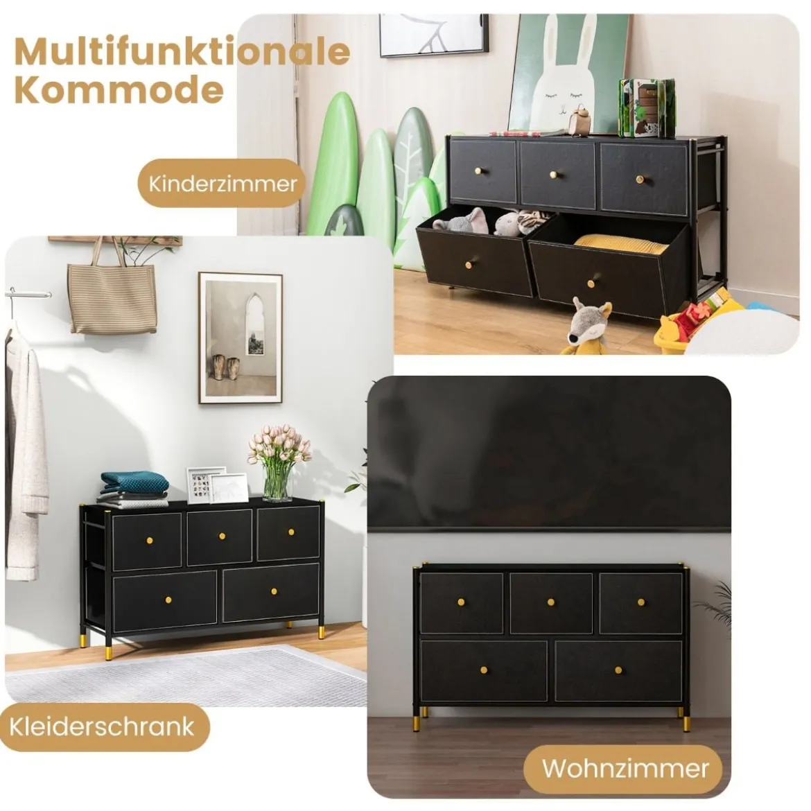 Kommode für Schlafzimmer mit 5 Schubladen breite Stoffkommode mit Metallrahmen 100 x 30 x 58,5 cm Schwarz
