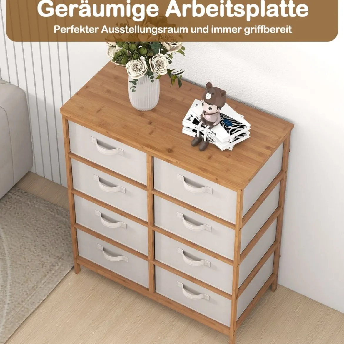 Kommode mit 8 Abnehmbaren Stoffschubladen & Bambusrahmen Schubladenschrank