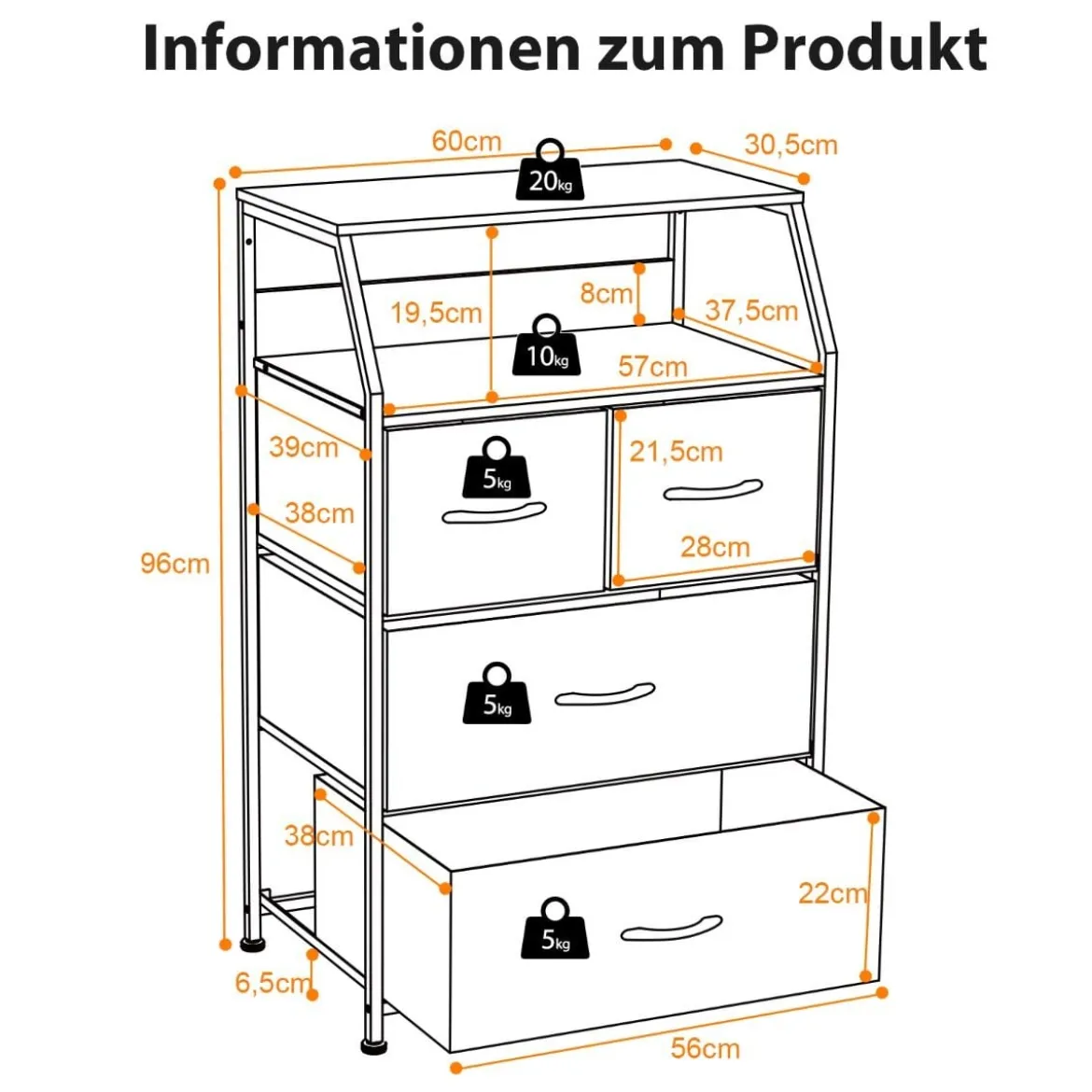 Kommode mit 4 Faltbaren Stoffschubladen & Metallrahmen Industriell Sideboard 60 x 39 x 96 cm