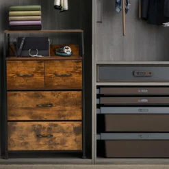 Kommode mit 4 Faltbaren Stoffschubladen & Metallrahmen Industriell Sideboard 60 x 39 x 96 cm