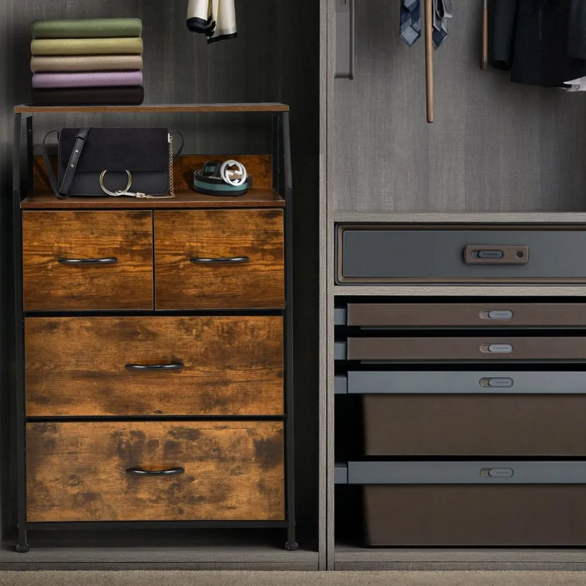 Kommode mit 4 Faltbaren Stoffschubladen & Metallrahmen Industriell Sideboard 60 x 39 x 96 cm