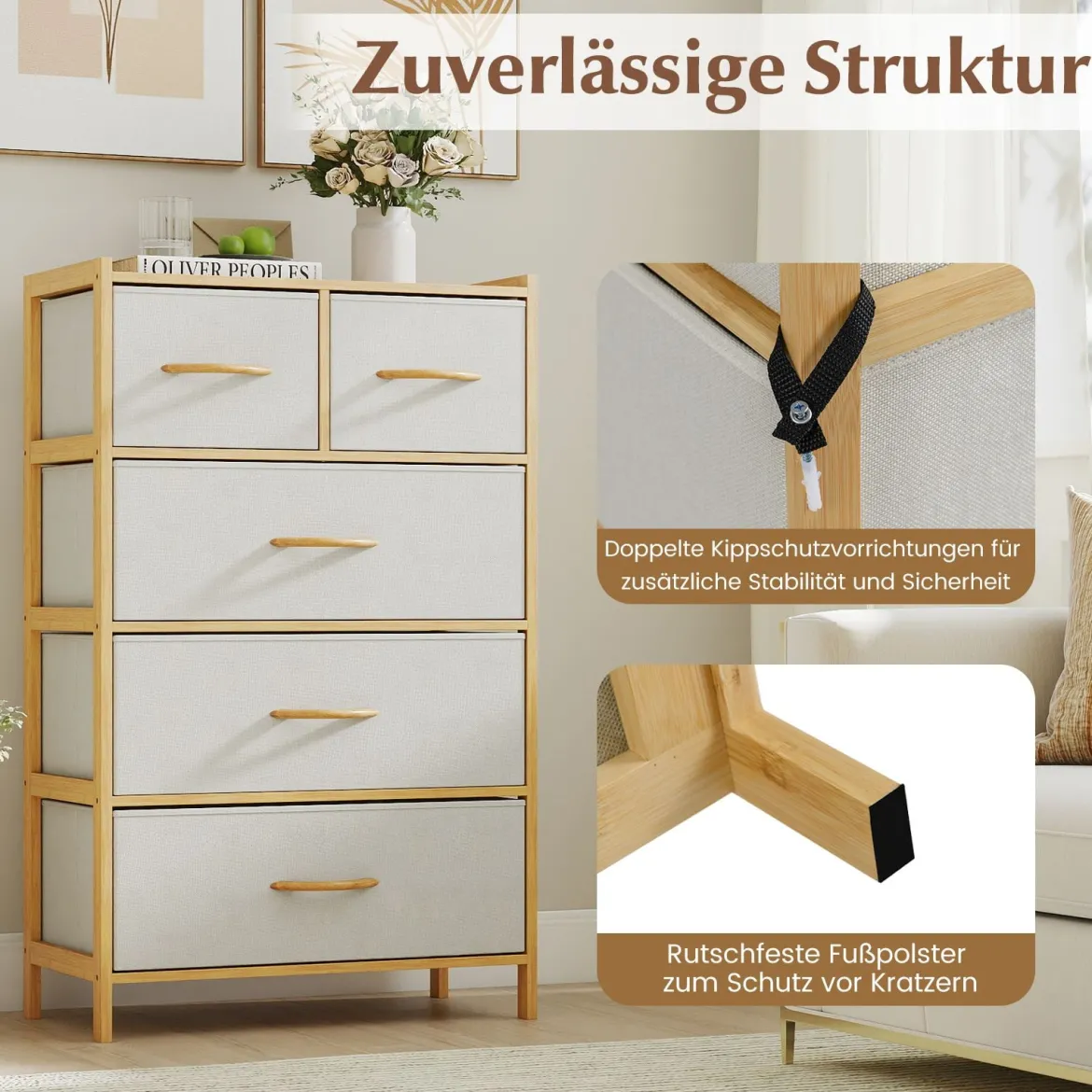 Kommode mit 5 faltbaren Stoffschubladen Bambus Aufbewahrungsschrank mit oberem Regal Natur
