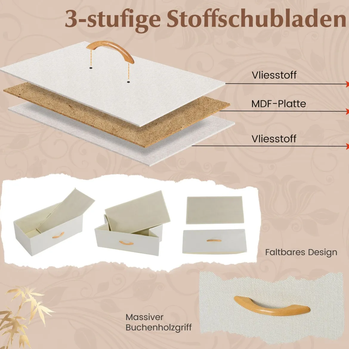 Kommode mit 5 faltbaren Stoffschubladen Bambus Aufbewahrungsschrank mit oberem Regal Natur