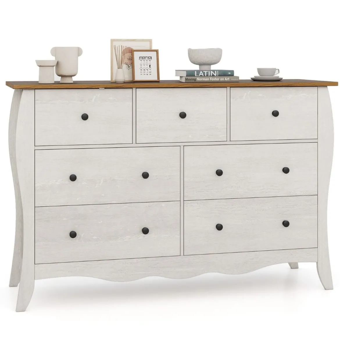 Kommode mit 7 Klappbaren Stoffschubladen Sideboard im Landhausstil Kleiderschrank Grau