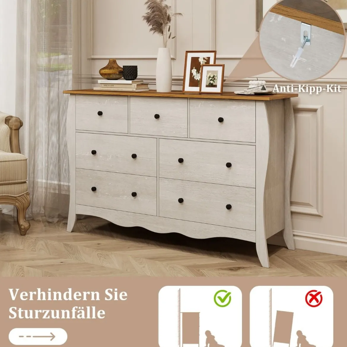 Kommode mit 7 Klappbaren Stoffschubladen Sideboard im Landhausstil Kleiderschrank Grau