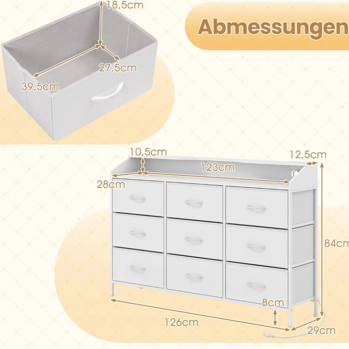 Kommode mit LED-Beleuchtung & Ladestation & 9 Stoffschubladen Sideboard Komodenschrank Weiß