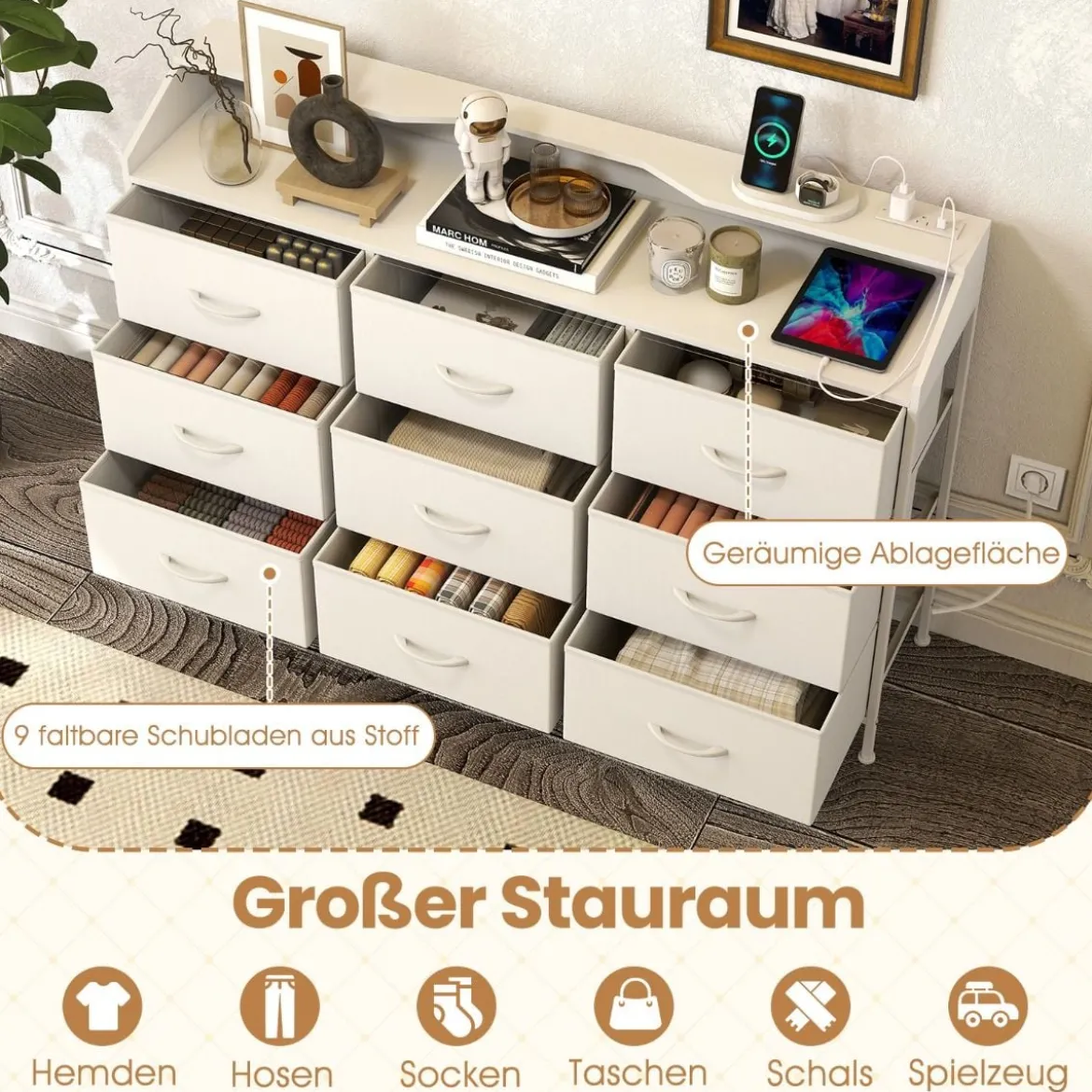 Kommode mit LED-Beleuchtung & Ladestation & 9 Stoffschubladen Sideboard Komodenschrank Weiß