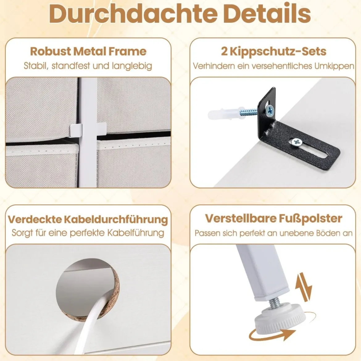 Kommode mit LED-Beleuchtung & Ladestation & 9 Stoffschubladen Sideboard Komodenschrank Weiß