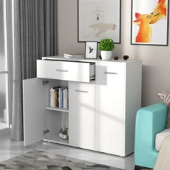 Kommode mit Schublade Holzschrank mit Verstellbaren Einlegeböden 90 x 29 x 82 cm Weiß