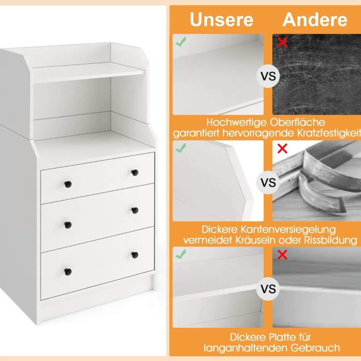 Kommode mit 3 Schubladen & Ablageflächen & Kippschutz Schubladenschrank Weiß