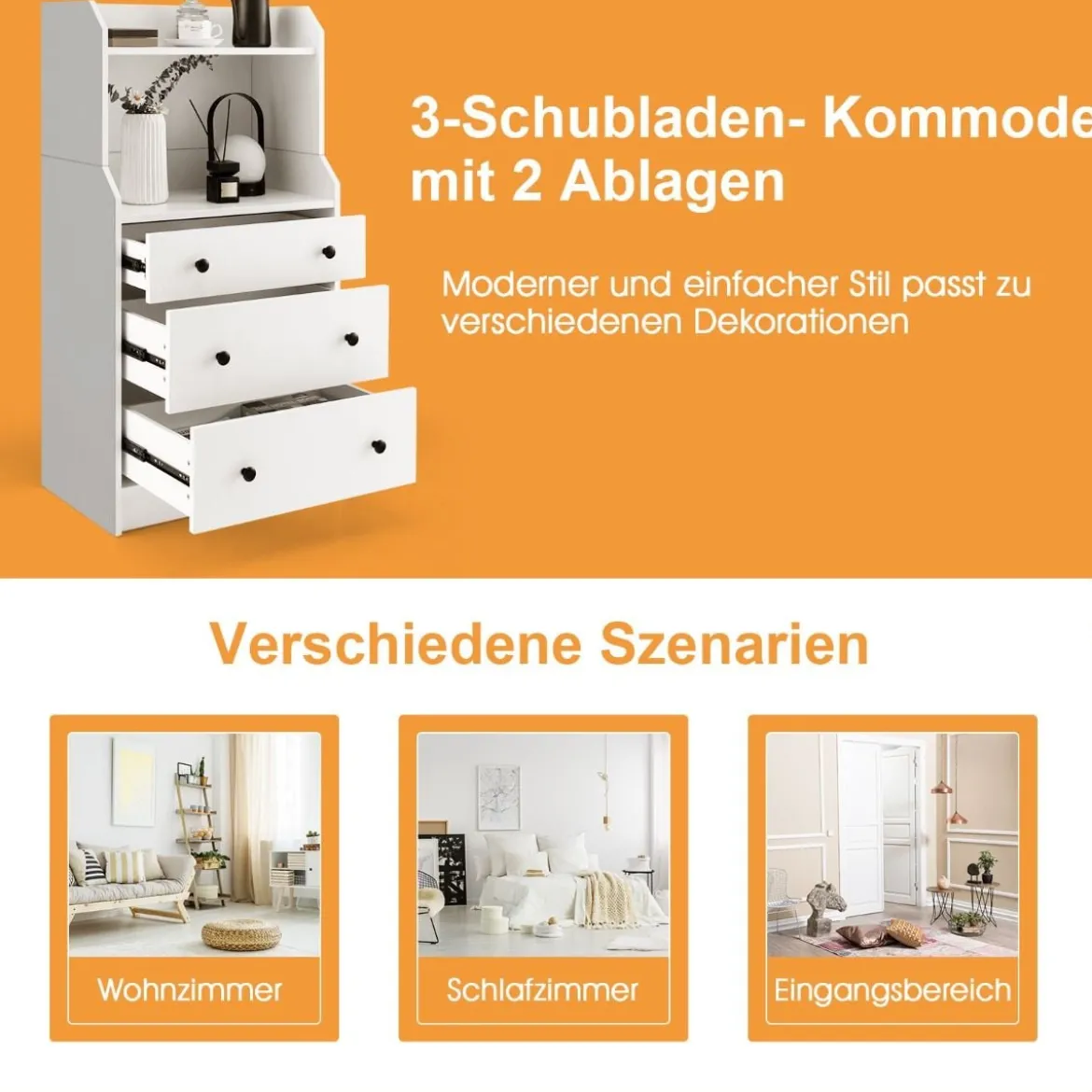 Kommode mit 3 Schubladen & Ablageflächen & Kippschutz Schubladenschrank Weiß