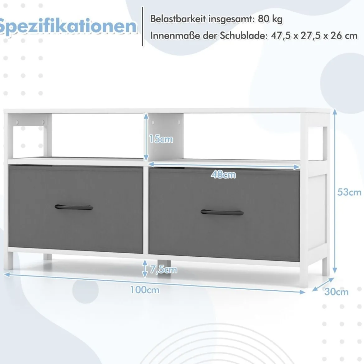 Kommode mit 2 Schubladen Aufbewahrungsschrank mit offenen Regalen 100 x 30 x 53 cm