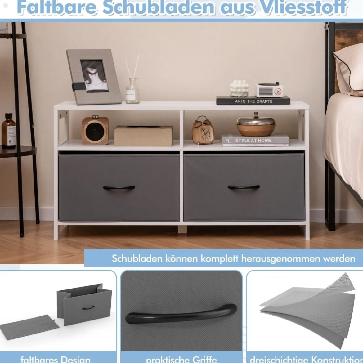 Kommode mit 2 Schubladen Aufbewahrungsschrank mit offenen Regalen 100 x 30 x 53 cm