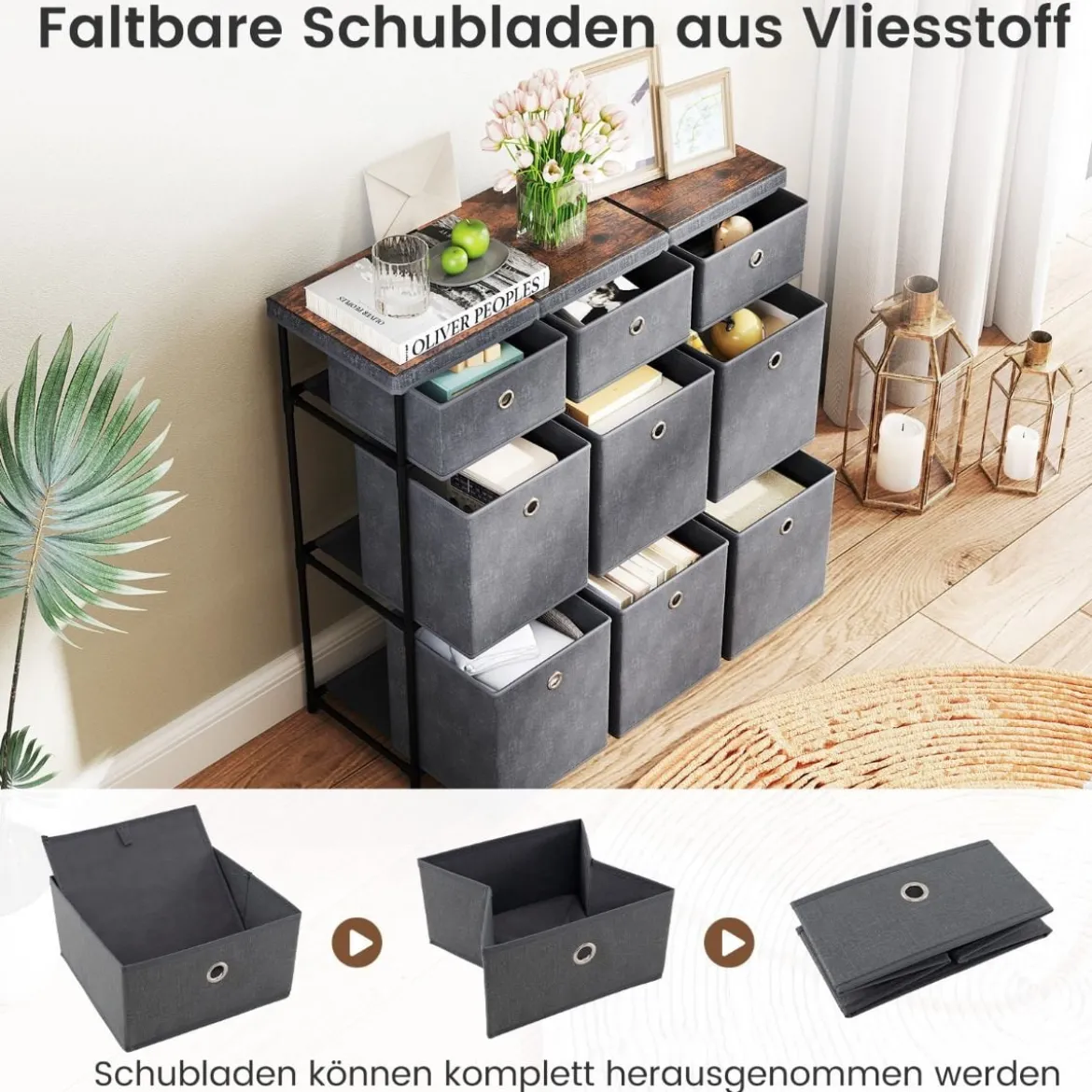 Kommode mit Schubladen Aufbewahrungstisch mit Metallrahmen und klappbaren Stoffbehältern 87 x 29 x 84 cm Grau