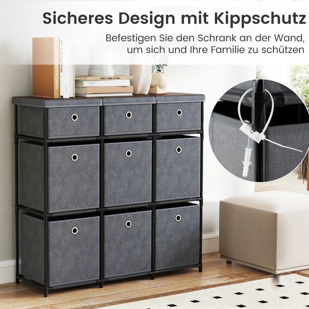 Kommode mit Schubladen Aufbewahrungstisch mit Metallrahmen und klappbaren Stoffbehältern 87 x 29 x 84 cm Grau