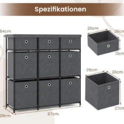 Kommode mit Schubladen Aufbewahrungstisch mit Metallrahmen und klappbaren Stoffbehältern 87 x 29 x 84 cm Grau