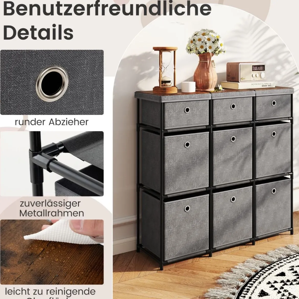 Kommode mit Schubladen Aufbewahrungstisch mit Metallrahmen und klappbaren Stoffbehältern 87 x 29 x 84 cm Grau