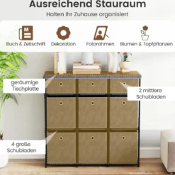 Kommode mit Schubladen Aufbewahrungstisch mit Metallrahmen und klappbaren Stoffbehältern 87 x 29 x 84 cm Grau