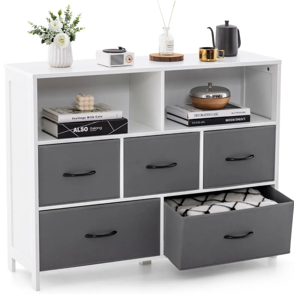 Kommode mit 5 Schubladen Aufbewahrungsschrank mit offenen Regalen 100 x 30 x 78 cm