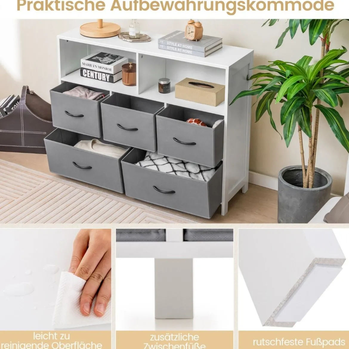 Kommode mit 5 Schubladen Aufbewahrungsschrank mit offenen Regalen 100 x 30 x 78 cm