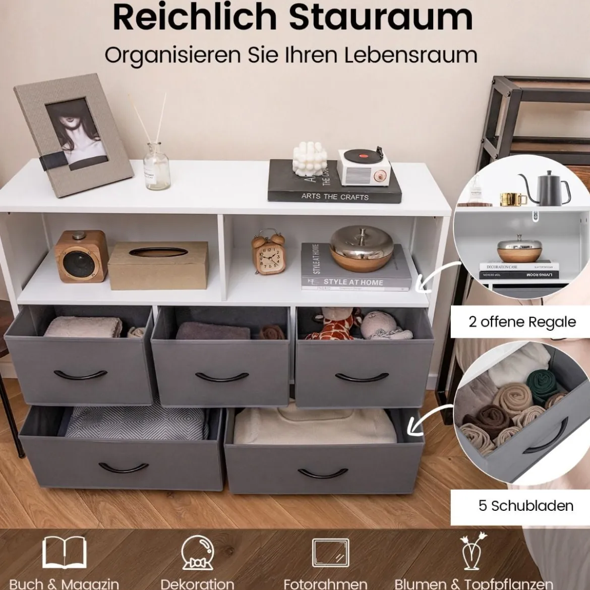 Kommode mit 5 Schubladen Aufbewahrungsschrank mit offenen Regalen 100 x 30 x 78 cm