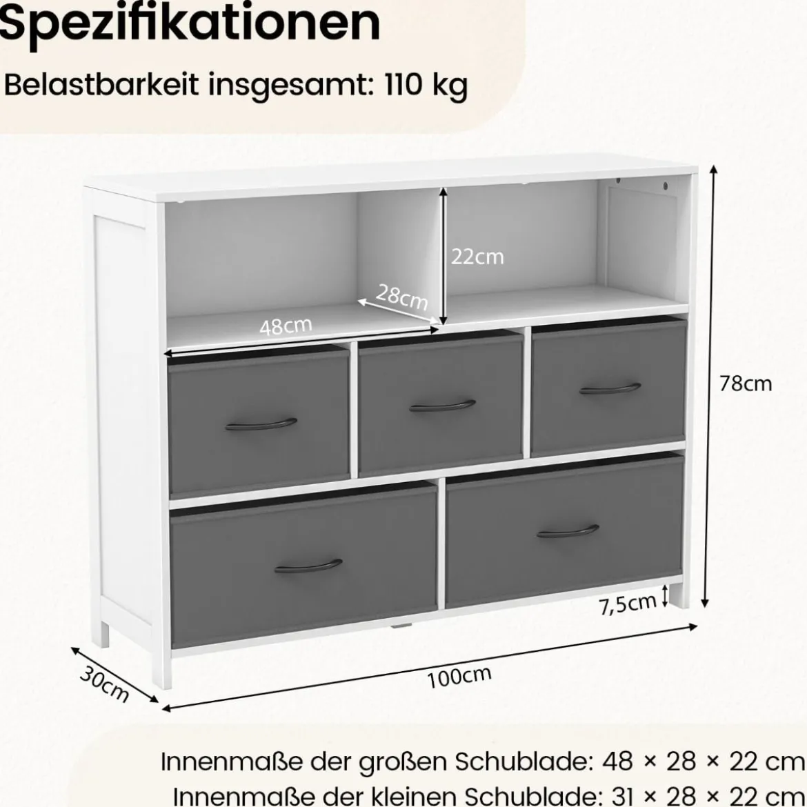 Kommode mit 5 Schubladen Aufbewahrungsschrank mit offenen Regalen 100 x 30 x 78 cm