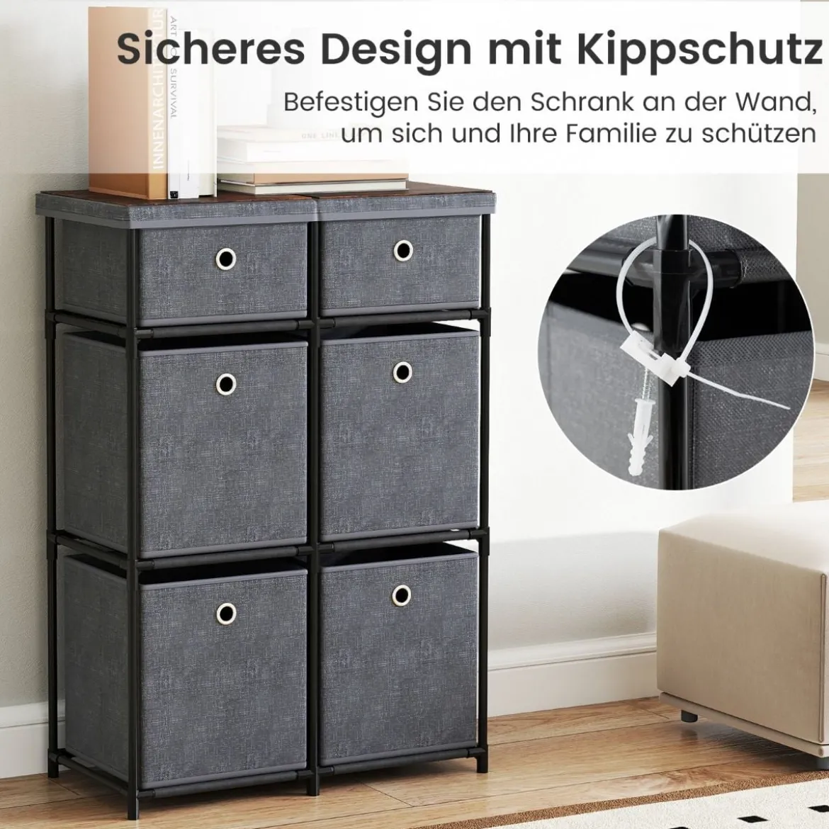 Kommode mit Schubladen Aufbewahrungstisch mit Metallrahmen und klappbaren Stoffbehältern Grau