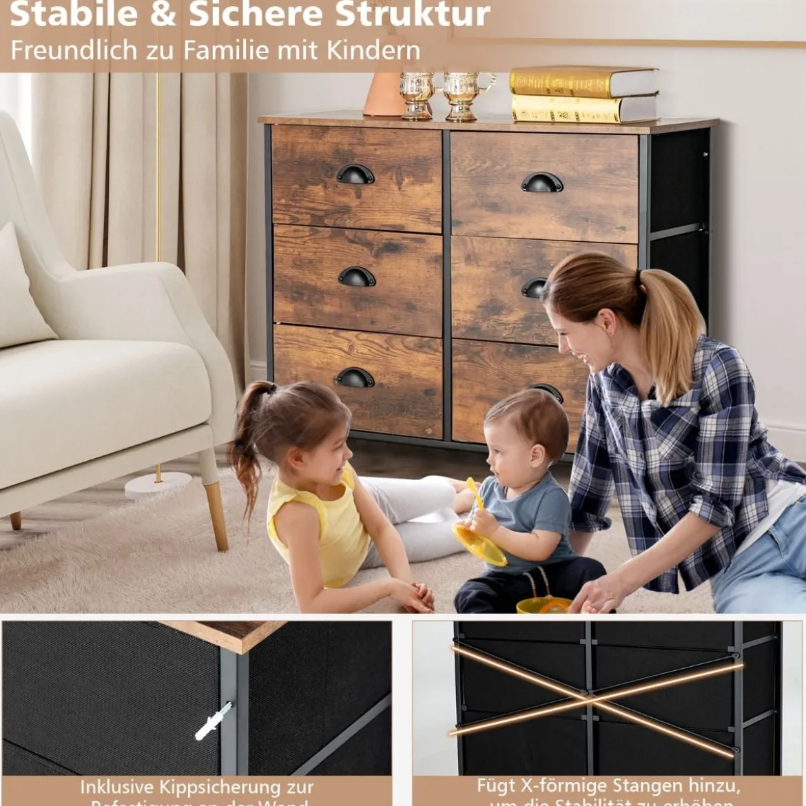 Kommode mit 6 Schubladen Faltbaren Stoffschubladen & Rostfreiem Eisenrahmen & Holzplatten