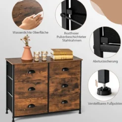 Kommode mit 6 Schubladen Faltbaren Stoffschubladen & Rostfreiem Eisenrahmen & Holzplatten