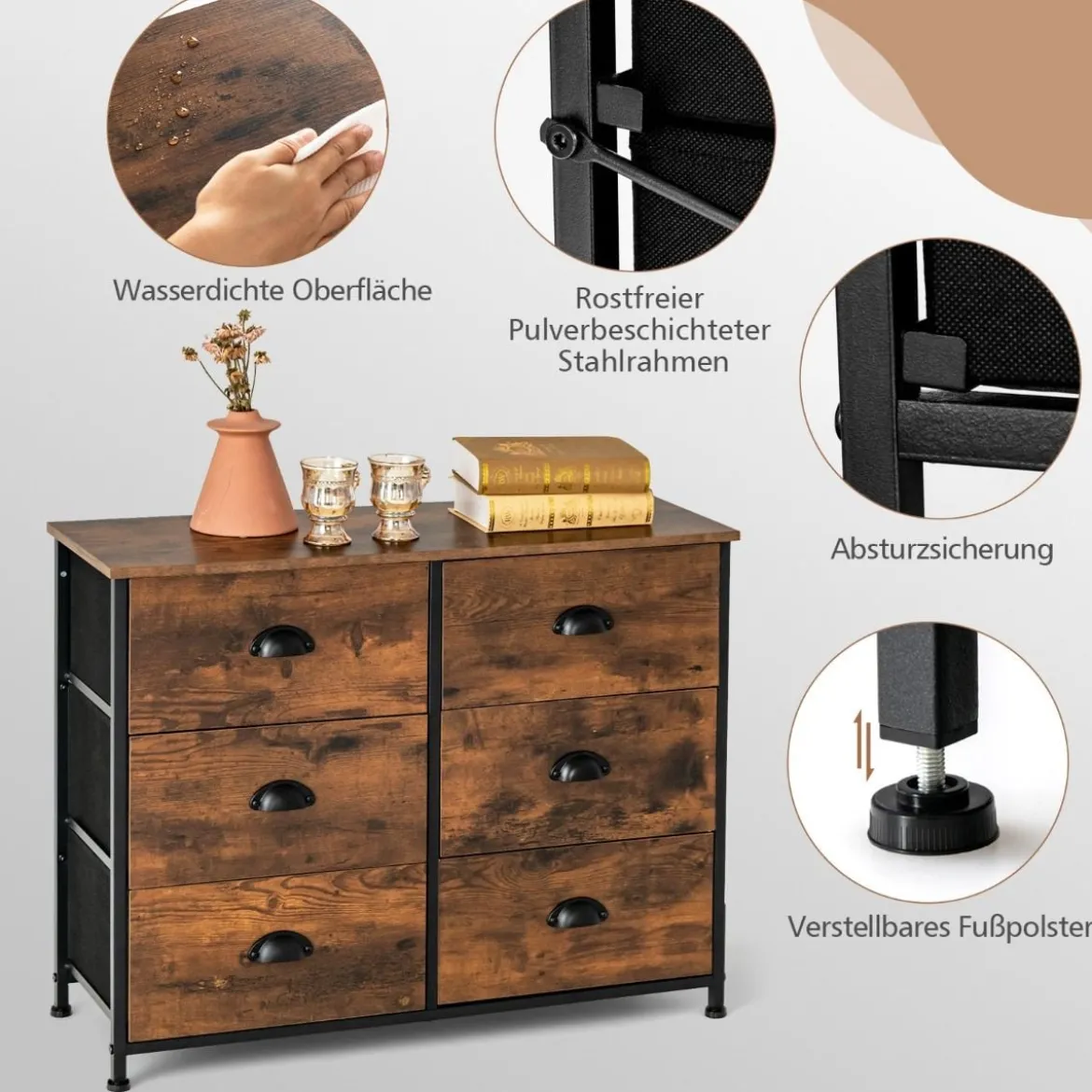 Kommode mit 6 Schubladen Faltbaren Stoffschubladen & Rostfreiem Eisenrahmen & Holzplatten